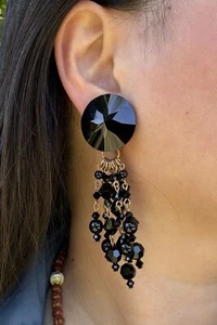 Karen Hall Vintage Cuentas de Vidrio Negro Tono Dorado Cuelga Clip En Pendientes Diseño - Imagen 1 de 7