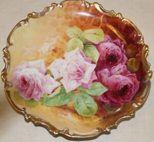 Antique LIMOGES Coronet FRANCE Hand Painted ROSES Alfred Broussillon Plate 13"