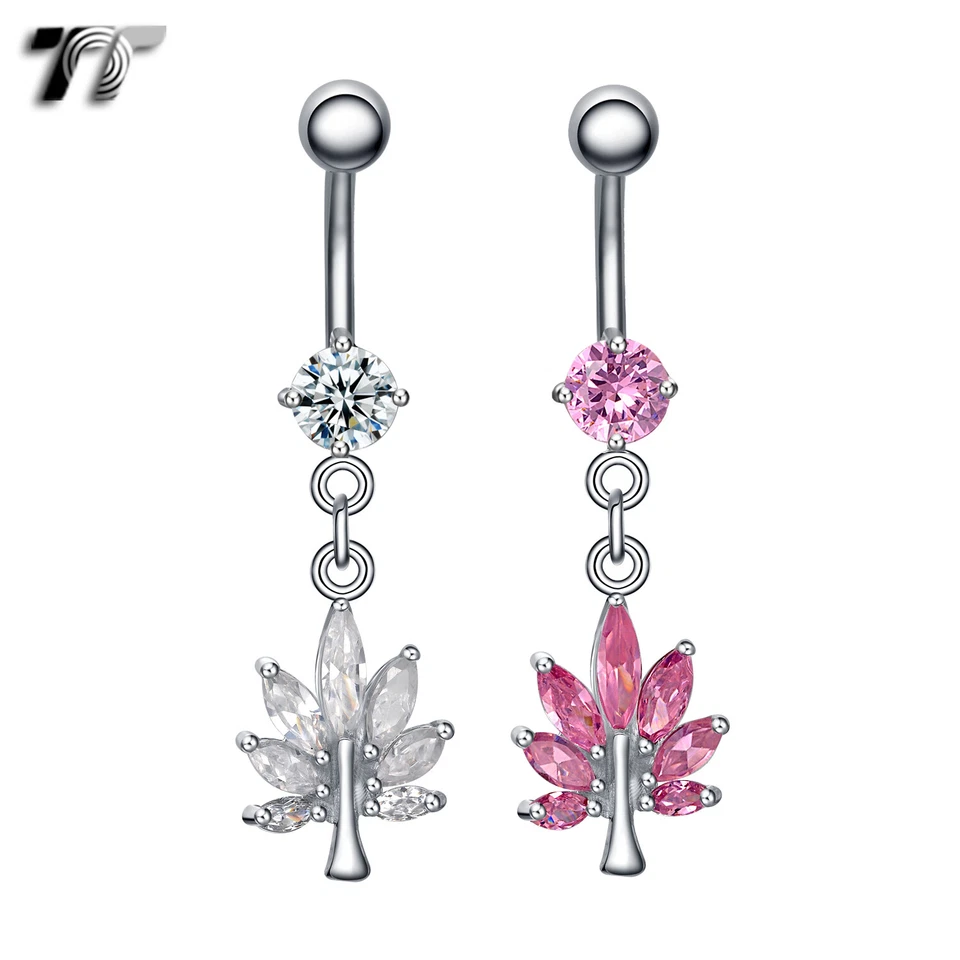 TT CZ Pot Leaf Dangle Belly Bar Ring Clear/Pink Body Piecing (BL69) - Image 1 of 1