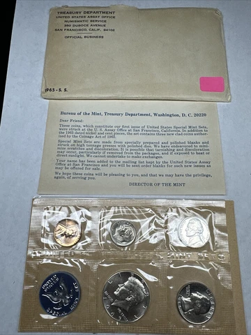 1965 Uncirculated Special US  Set, Original Envelope 40% Silver Half Dollar  COA Cover