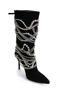 Giuseppe Zanotti Womens Black Suede Chain Crystals Knee High Boots Size 8