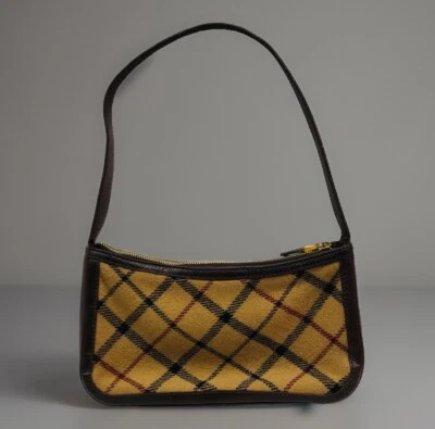 Antiga bolsa de ombro Brooks Brothers tartan xadrez acabamento de couro lã 10"" - Imagem 1 de 4