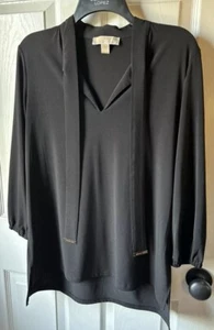 Michael Kors Black&Gold Poly/Spndx Tunic Top Vneck 3/4 Slv Womens L Gorgeous Top - Picture 1 of 13