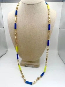 Vintage Carolee gold tone enamel blue green thread bar long Necklace 32" - Picture 1 of 6