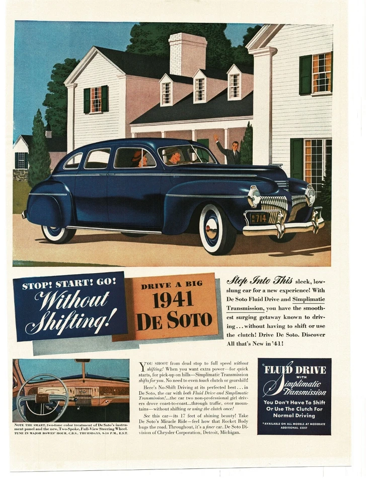 De Soto De Luxe 1941 azul oscuro sedán de 4 puertas con vista interior arte anuncio impreso vintage Foto 1 de 1