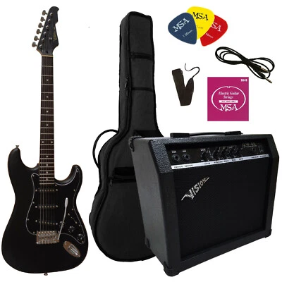 MATTE BLACK ELECTRIC GUITAR, DESIGN CRACKER IN 45 WATT SET (GW25), bag, strings, spik - Image 1 of 4