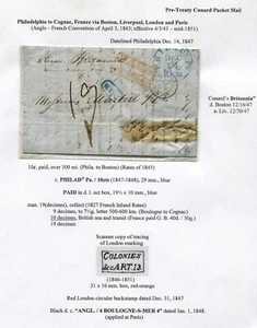 Transatlantico senza timbro 1847 Filadelfia a Cognac Francia Cunnard Britannia Exh - Foto 1 di 2