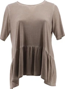 LOGO Lori Goldstein Distressed Cotton Modal Peplum Top Fog Grey L NWOT (462) - Picture 1 of 9