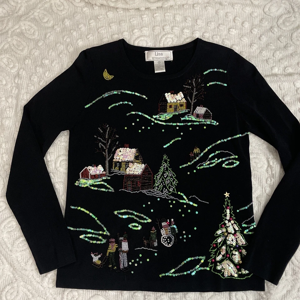 Top navideño Lisa International adornado con lentejuelas negras, pequeño para mujer, de colección Foto 1 de 4