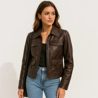 Chaqueta utilitaria marrón Beware para mujer talla M imitación cuero motociclista militar nueva sin etiquetas Foto 1 de 4