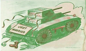 Tanque de postal Mutoscope Segunda Guerra Mundial con letrero de recién casado - Imagen 1 de 2