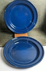 Set 2 Vtg Enamel Blue Speckled Deep 10.5" Dinner Plates Camping Bowls Campware - Picture 1 of 8