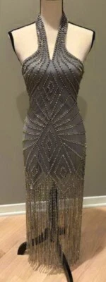 ASOS Design Silver Grey Halterneck Diamante Rhinestone Fringe Mini Dress 4 $259 - Image 1 of 2