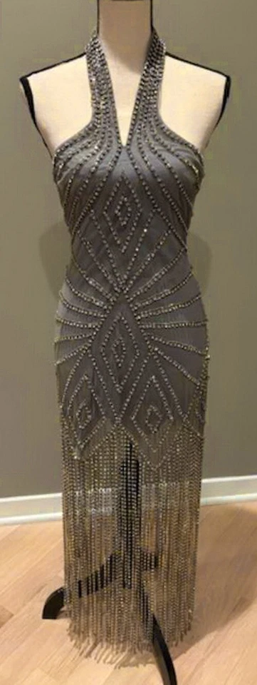 ASOS Design Silver Grey Halterneck Diamante Rhinestone Fringe Mini Dress 4 $259 - Image 1 of 2