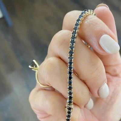 10 克拉实验室制造圆形黑色钻石网球手链 14k 镀金 7.5 — 第 1/4 张图片