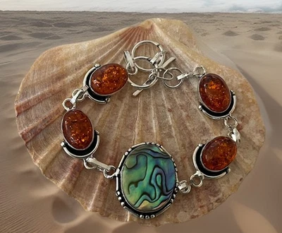 Baltic Amber & Abalone Shell Bracelet 20.5cm -925  Silver Plated-Brand New - Image 1 of 4