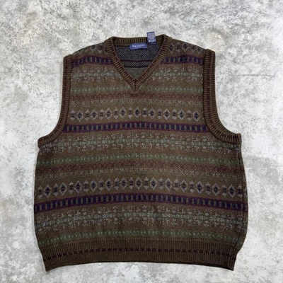 Van Heusen Sweater Vest Mens XL Brown Fair Isle Pattern Knit Acrylic Pullover - Image 1 of 4