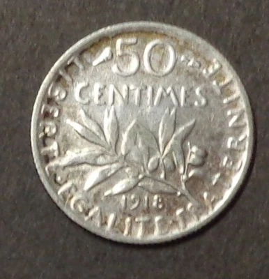 Moeda de prata França 1918 50 centavos alta qualidade com tonificação - Imagem 1 de 2
