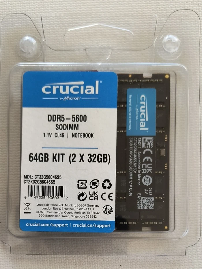 Crucial 64GB KIT  2x32GB DDR5 5600MHz 262pin SoDIMM  Memory CT2K32G56C46S5 NEW - Image 1 of 2