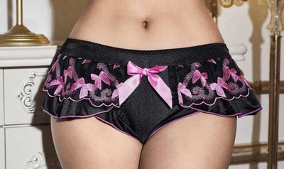 Pretty Ruffled Black Satin Pink Bow 🎀 Embroidered Design Brief Panties L XL NEW - Image 1 of 4
