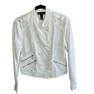 INC International Concepts White Double Breasted Military 100% Linen Jacket M  - Picture 1 of 9