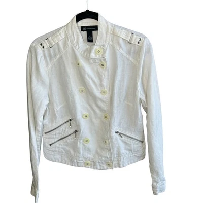 INC International Concepts White Double Breasted Military 100% Linen Jacket M  - Image 1 of 4