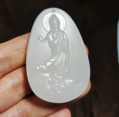 real chinese white hetian jade kwan yin pendant nephrite hotan stone guanyin Foto 1 de 4