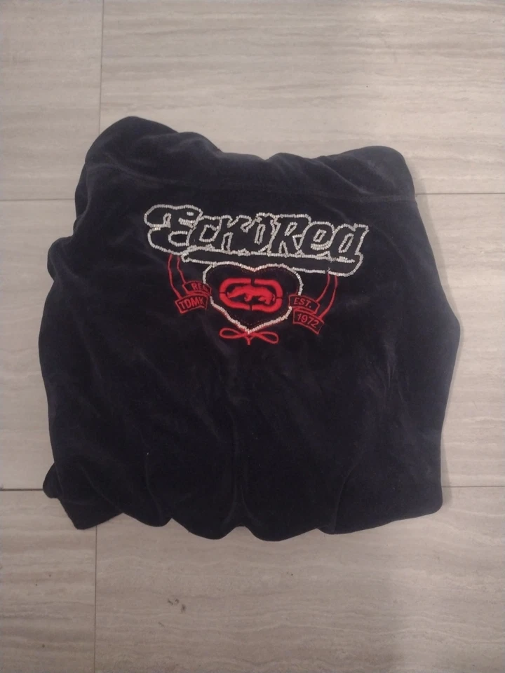 Sudadera con Capucha Y2K Ecko Para Mujer Roja Negra Terciopelo Cremallera con Logo Rojo y Cuentas Blancas XL Foto 1 de 4