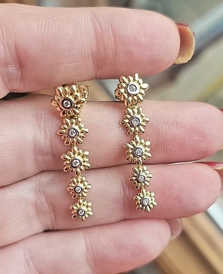 14k Yellow Gold Earrings Flower Studs w/ Daisy Drop Dangle Bezel Diamond Jackets - Image 1 of 4