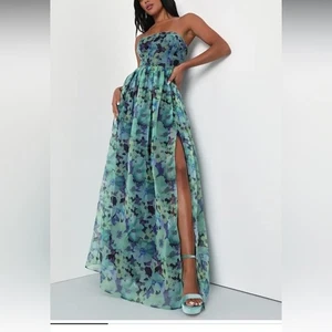 Lulus Wonderful Waltz Green Floral Print Strapless Bustier Maxi Dress Lined Slit - Picture 1 of 9