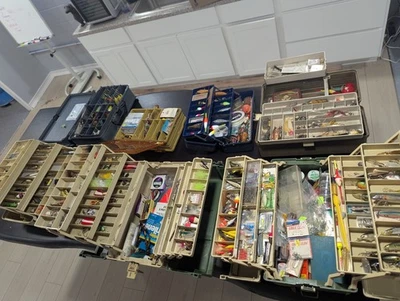 Lote de aparejos de pesca vintage enorme colección 6 cajas completas 55+ libras ¡RARO! Foto 1 de 4