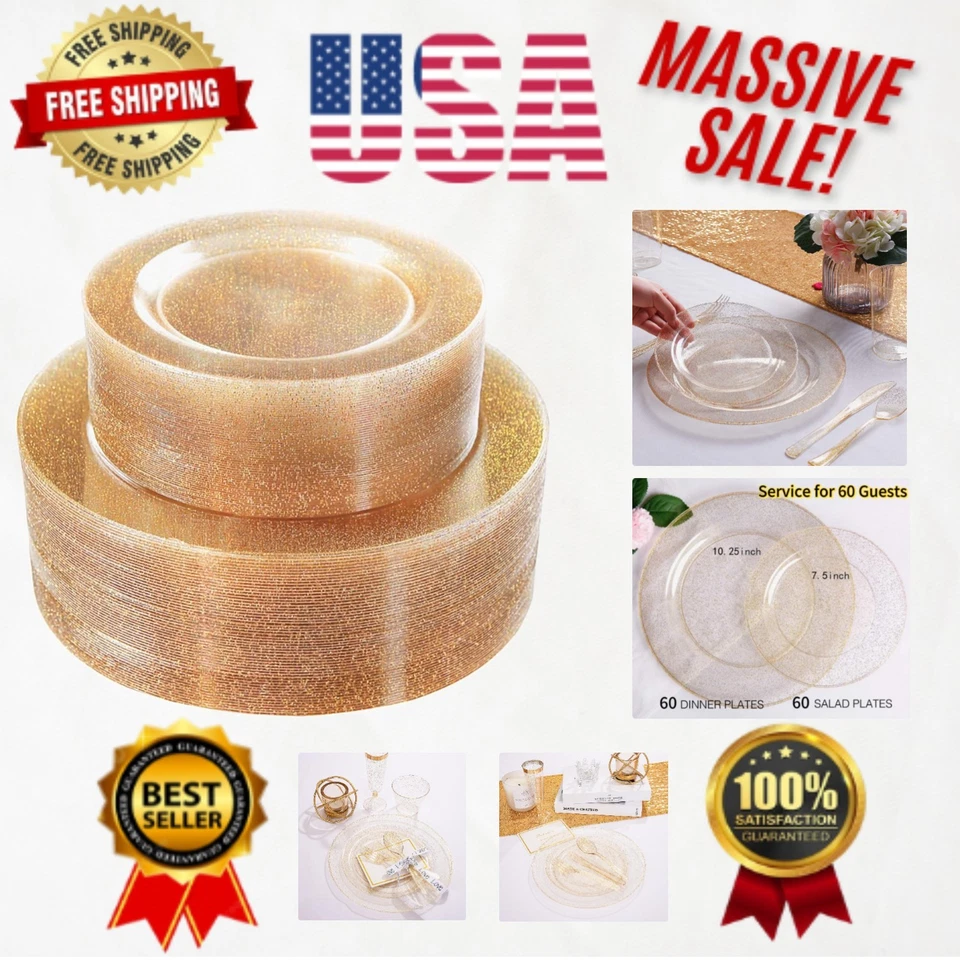 120pcs Gold Plastic Plates Disposable Glitter Premium Heavy Duty 60 10.25" Dinne
