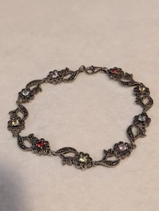 Vintage 935 Sterling Silver 7.5" Marcasite & Multi Stone Flower Link Bracelet - Picture 1 of 3