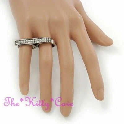 Unusual Pimp Rapper Gangsta Ice Bling 2-Finger 'Plate' Ring w/ Swarovski Crystal - Image 1 of 4