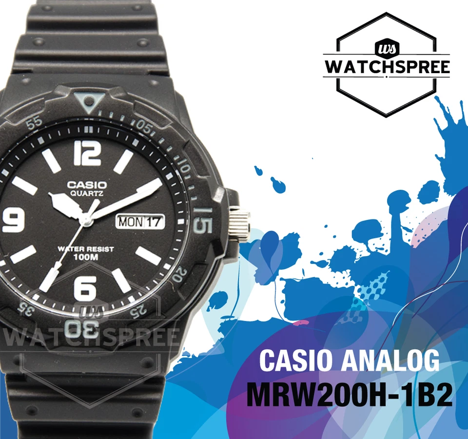 MRW-200H-1B2 Casio Men's black Rubber Strap Day Date 100M Analog Sports Watch