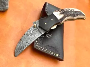 Hand forged Damascus Steel Pocket Karambit Knife Stag Horn and Bull Horn Handle - Picture 1 of 8