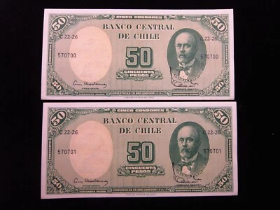 Chile 5 Centesimos Overprint on 50 Pesos ND 1959-1964 Pair Unc P126 h0700 Money - Image 1 of 2