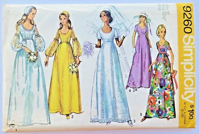 复古 70 年代简单缝制图案 9260 婚礼和新娘礼服和帽子 10 码切割 — 第 1/3 张图片