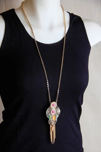Collana lunga dichiarazione moda tono oro 32" con perline, cristalli - Foto 1 di 4