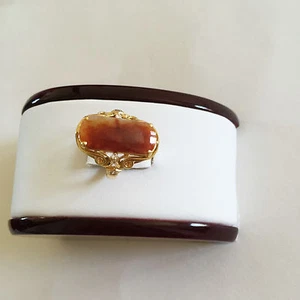 18K Solid Real Yellow Gold Natural Red Jade Women Ring - size 6.5 - R254 - Picture 1 of 1