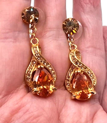 Stunning Fancy Simulated Golden Topaz Teardrop 2" Drop/Dangle Gold Tone Earrings - Image 1 of 3