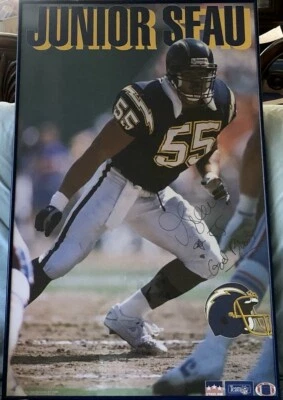 Junior Seau 亲笔签名签名充电器 22x34 海报框带上帝保佑 #55 JSA — 第 1/3 张图片