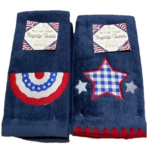 Fingertip Hand Towels Embroidered 12”x 18” Red White and Blue 2xSet of 2 - Picture 1 of 3