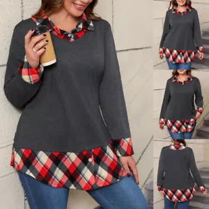 Women Casual Check V-Neck Long Sleeve Tunic Tops Casual T-Shirt Blouse Pullover - Picture 1 of 13