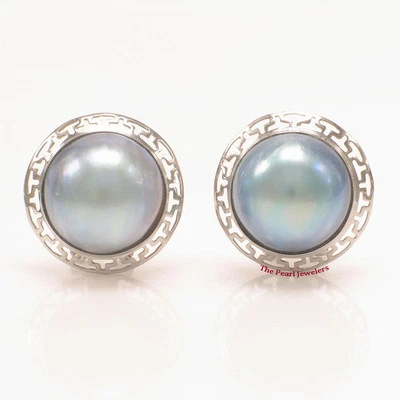 14k White Gold Omega Clip Australia Blue Mabe Pearl Earrings - Image 1 of 3