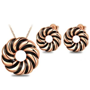 Gold Plated Black Enamel Stripe Round 2 pieces Jewelry Set - Picture 1 of 1