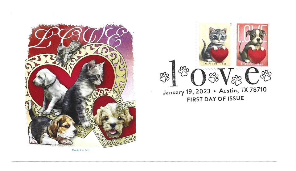 5745-46 Love 2023, Cat  and Dog, on one Panda Cachets, pictorial FDC - Image 1 of 1