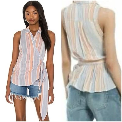 NUEVO CON ETIQUETAS Free People Para Mujer Mackenzie Envolvente Camisa Abotonada con Corbata a Rayas Talla S Foto 1 de 4