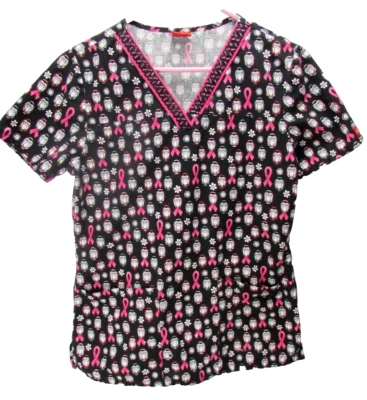 Dickies Scrub Top Medium Black Pink Ribbon Owls Breast Cancer Awareness - Image 1 of 4