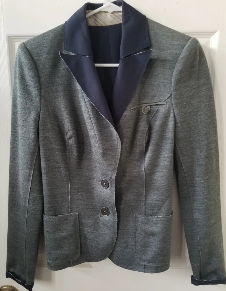 Chaqueta Blazer Jersey Gris Vintage Para Mujer Cuello Azul Marino, Puños, Forro S Foto 1 de 4